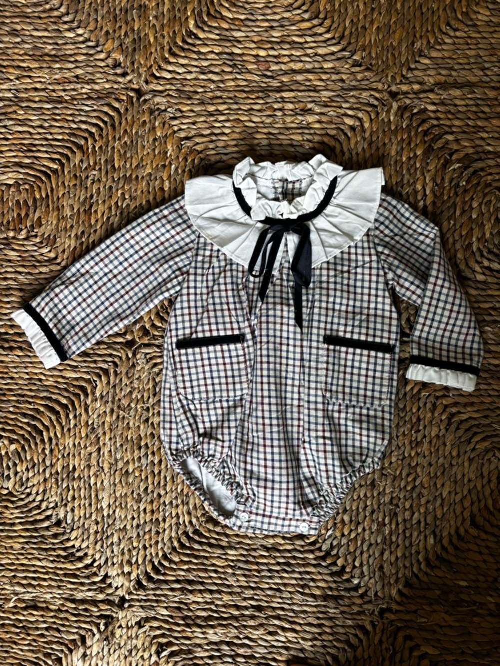 La Coqueta 12M Plaid Long-Sleeve Baby One-Piece with Ruffle Collar